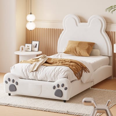 DESMIU Kinderbed 90 x 200 cm Berenvorm Zacht Gestoffeerd Bed Speelse Vorm Voor Kinderkamer En Slaapkamer Wit Zonder matras