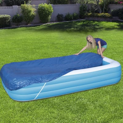 Zwembadhoes, 340 x 218 cm, rechthoekig, voor familiezwembad, 305 x 188 cm, met fixeertouw, 110 g/m² PE, waterdicht, UV-bestendig, zwembadzeil, opblaasbaar, afdekking, zwembadaccessoires, kinderbadje