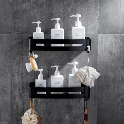 Dubbele Doucherek Zwart Zonder Boren – Sterkere lijmbasis - Wand Badkamer Rek – Doucherekjes – Incl. schroeven