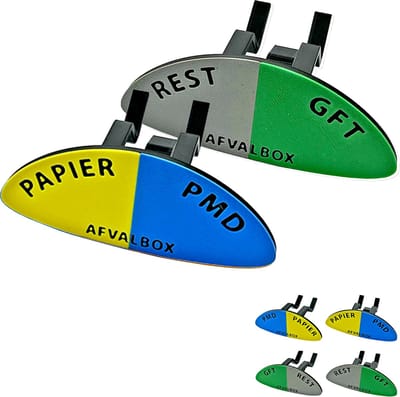 Vuilniszak Clips Afvalscheiding (4 Stuks) – Vuilnisbak Clips – 2-in-1 Prullenbak Verdeler Rest/GFT + Papier/PMD – Vuilniszak Klemmen met Kleurcodering – Complete Afvalscheiding – Prullenbak Clips – 3D Geprint