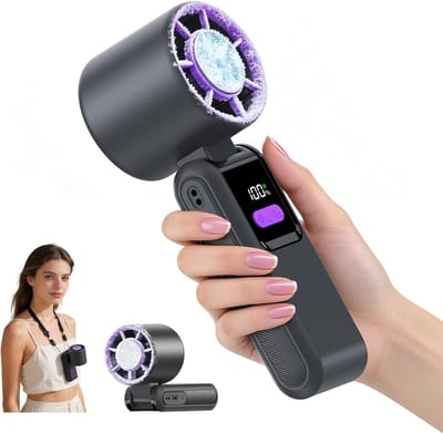3-in-1 draagbare ijskoelende handventilator met sterke luchtstroom, maximale koelduur van 12 uur, inklapbaar compact model met LED-display, geschikt voor reizen, kamperen, kantoor en thuisgebruik