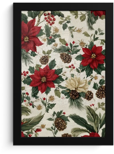 Poster in lijst - Fotolijst 20x30 cm - Posters - Feestelijk - Textielpatroon - Kerstbloemen - Kleurrijk - Posterlijst zwart - Decoratie - Wanddecoratie woonkamer - Muurdecoratie slaapkamer - Kerstversiering - Kerstdecoratie voor binnen - Kerstmis