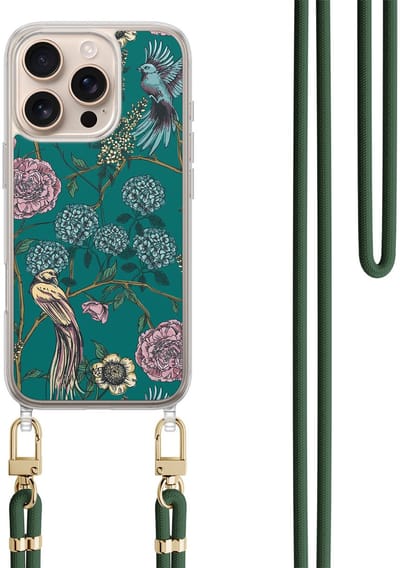 Hoesje met koord geschikt voor iPhone 16 Pro Max - Vogels Japanse bloemen - Inclusief zwart koord - Crossbody beschermhoes - Transparant, Groen - Mooie Telefoonhoesjes