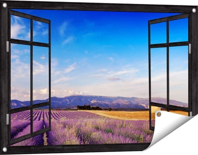 Gards Tuinposter Doorkijk Raam met Lavendel Veld - 90x60 cm - Tuindoek - Tuindecoratie - Wanddecoratie buiten - Tuinschilderij