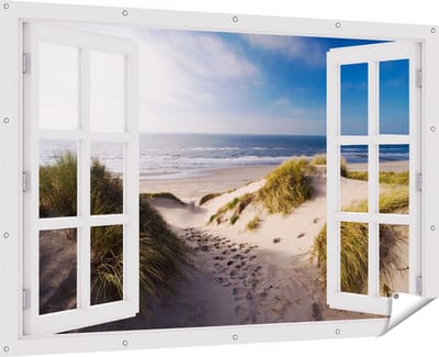 Gards Tuinposter Doorkijk Strand en Duinen - 180x120 cm - Tuindoek - Tuindecoratie - Wanddecoratie buiten - Tuinschilderij