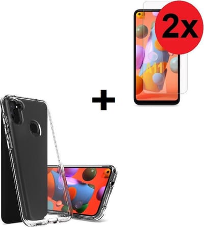 Geschikt voor Samsung Galaxy A11 hoes TPU Silicone Case hoesje Transparant + 2x Screenprotector Tempered Gehard Glas Pearlycase
