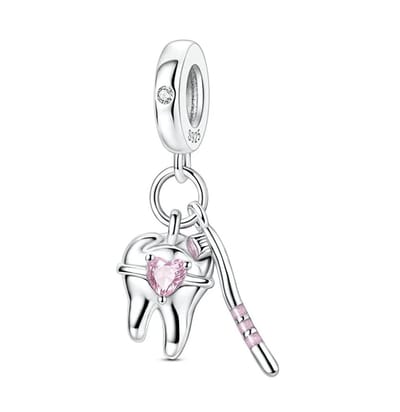 Fler® | Bedel | Past op populaire bedelarmbanden (standaard - 3mm) | Tand Bedel | Hangbedel Charm | 925 sterling zilver | Roze & transparante zirkonia | Valentijnsdag Cadeau | Sinterklaas kado | Kerstcadeau | Verjaardagsgeschenk | Vriendschap