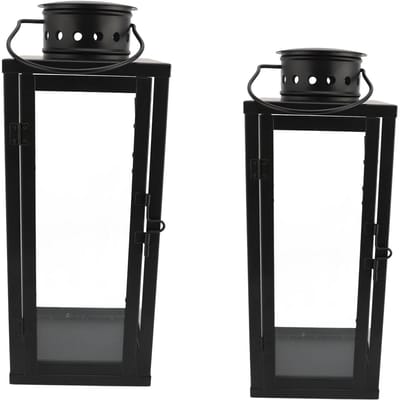 IJzeren Kaarslantaarn Vintage Decoratieve Metalen Hangende Kaarsenhouder voor Woonkamer Courtyard 13.5x13.5x35cm+10x10x24cm black