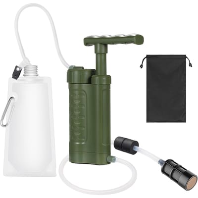 Pompe de purification d'eau Système de filtration d'eau avec filtre à eau de 0,01 micron Équipement de survie d'urgence extérieur portable pour camping randonnée urgence vert d’armée