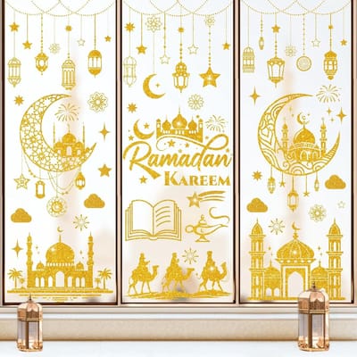 Famanu – 9 vellen deco raamstickers -Eid Mubarak sticker deco - Kareem raambeelden halve maan sterren -Al-Fitr zelfklevende raamdecorat