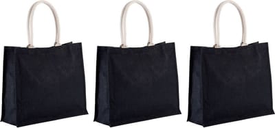 Jute boodschappen strandtas - 3x stuks - zwart - 42 x 36 cm - Strandartikelen beach bags/shoppers - 22 liter