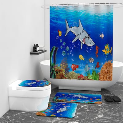 Floraweg Douchegordijn,Shower Curtain,badgordijn,badkamergordijn,mariene wereld, onderwaterwereld, haai, octopus，vis, digitale printen -Anti Schimmel - Inclusief 12 ringen -met 12 stuks douchegordijnhaken – Waterdicht -Wasbaar- Polyester - 180x200 cm