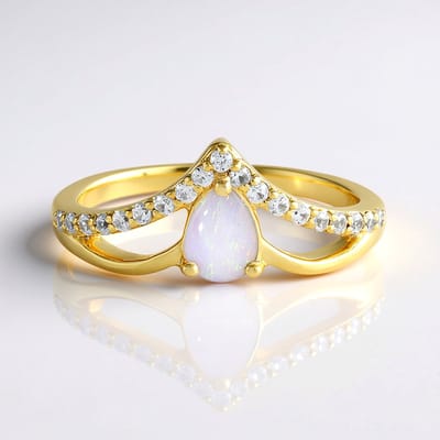 Cavill - Zilveren ring met Australische opaal peervorm 0,39 ct - 925 Sterling zilver verguld - Tanzaniaanse zirkonia 0,41 ct - Elegante druppelvorm