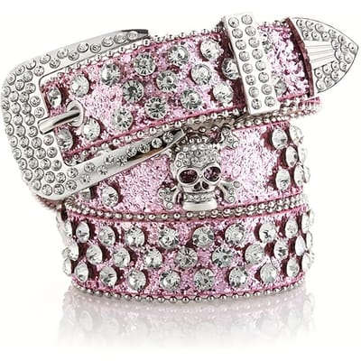 Glamoureuze Strass Doodskop Klinknagel Riem - Perfect voor Jeans & Westerse Outfits! roze