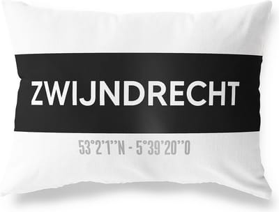 Tuinkussen ZWIJNDRECHT - ZUID-HOLLAND met coördinaten - Buitenkussen - Bootkussen - Weerbestendig - Jouw Plaats - Studio216 - Modern - Zwart-Wit - 50x30cm