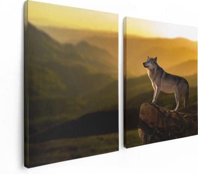 Artaza Canvas Schilderij Tweeluik Wolf Op Een Rots Met Een Heuvel Landschap - 120x80 - Foto Op Canvas - Canvas Print