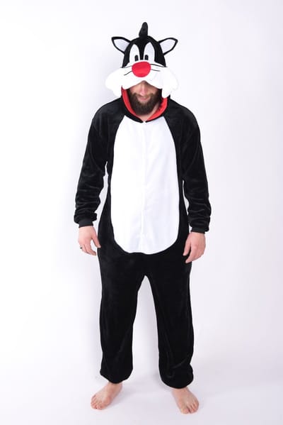 Let op: B-Keuze - KIMU® Onesie Sylvester Pak Kostuum - Maat XS-S of 152-158 - Zwart Wit Poes Kattenpak Jumpsuit Huispak Kat Volwassenen Dames Heren Fleece Festival