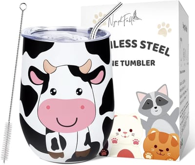 Dailygoods- Thermosbeker Roestvrij Staal - Geïsoleerde Reismok - Dubbelwandig - BPA-vrij - Schattige Koe - Deksel met Rietje - Tumbler