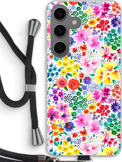 Case Company® - Hoesje met koord geschikt voor Samsung Galaxy S24 hoesje met Koord - Little Flowers - Telefoonhoesje met Zwart Koord - Bescherming aan alle Kanten en Over de Schermrand