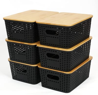 Opbergmand met Bamboedeksel, Plastic Opbergdozen met Handvat voor Planken, Lades en Bureau (Zwart) - Ideaal voor Organisatie, Huishoudelijke Opslag en Decoratie