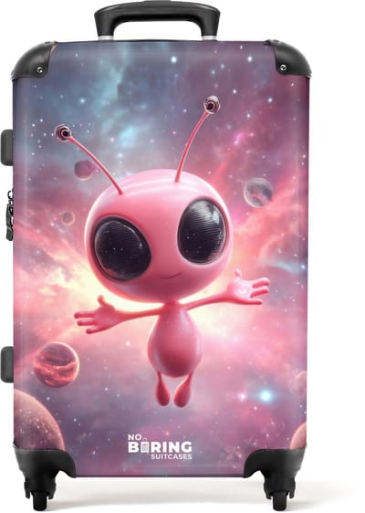 NoBoringSuitcases.com - Grote koffer - Roze alien in de ruimte - Kinderkoffer geschikt voor jongen en meisjes - Reiskoffer met 4 wielen - Trolley op wieltjes - Rolkoffer groot kinderen - 72 liter - Ruimbagage valies 20kg