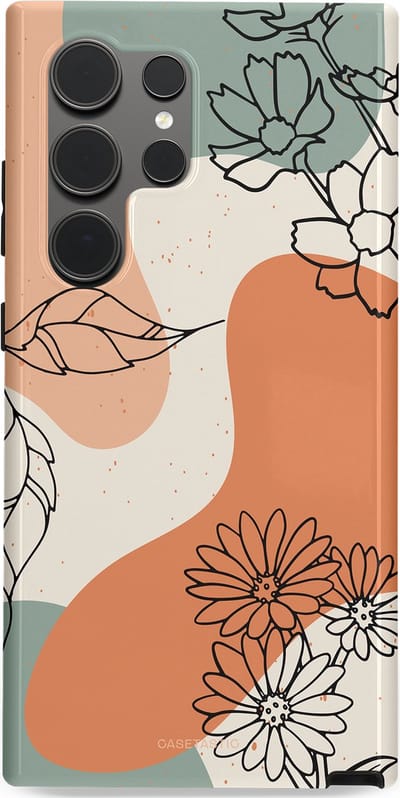 Casetastic hoesje geschikt voor Samsung Galaxy S24 Ultra - Dubbellaagse bescherming - Lijnenspel Botanisch - Fashion Case - Crème Saliegroen Perzik