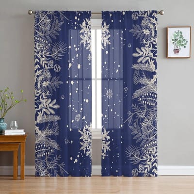Kerst Sneeuwvlokken En Dennentakken Slaapkamer Transparante Sheergordijnen Vakantiedecoratie Raam Voile Tule Gordijn 135W x 114H(cm) gray