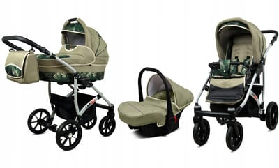 BabyLux® Kinderwagen 3in1 – LARGO - FERN LEAF SILVER FRAME - Opklapbare Wandelwagen incl. Reiswieg, Multifunctionele Buggy Sportstoel, Autostoel - Combi-kinderwagen met Luiertas, Regenhoes, Klamboe, Bekerhouder, etc.