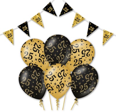 Q2P - 25 Jaar - Slingers - Ballonnen - Zwart & Goud Set - Verjaardag Versiering - Helium Ballon