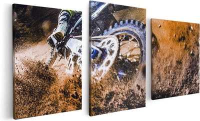 Artaza Canvas Schilderij Drieluik Motorcross Wiel Met Modder - 120x60 - Foto Op Canvas - Canvas Print