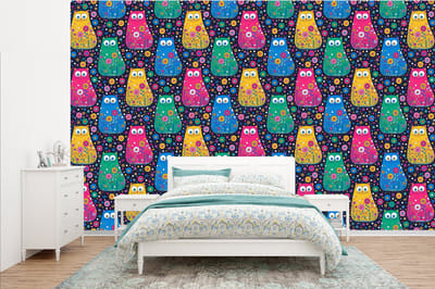 Behang - Fotobehang Kat - Regenboog - Bloemen - Breedte 385 cm x hoogte 240 cm