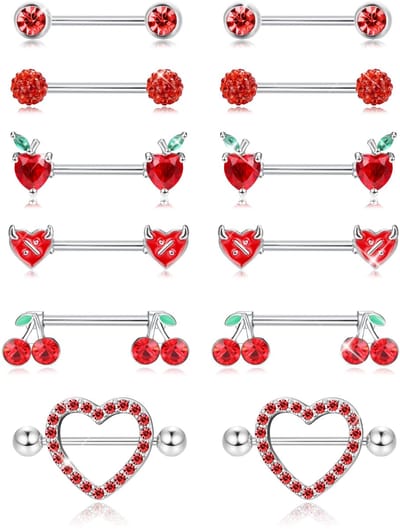 Dailygoods- Tepelringen Set 6 Paar - 14G Roestvrij Staal - Hart/Appel/Kers/Duivel/Bal - Lichtgewicht/Duurzaam - AAA+ CZ Inleg - Tepelpiercings