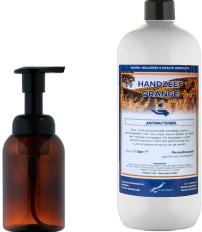 Zeepdispenser 300 ml amber bruin hervulbaar + 1 liter Handzeep Orange navulling