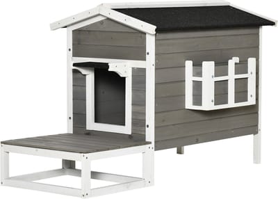 PawHut Katzenhaus aus Holz, Katzenhütte Outdoor Katzenhöhle Kleintierhaus mit Terrasse und Balkon für Katzen Hunde Tannenholz Grau + Weiß 115 x 66,5 x 74,7 cm