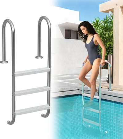 304 ROESTVRIJ Staal Zwembadladder - Zwembadtrap met 3 Treden - 132 x 54 x 26,5 cm - Zilver - Antislip Zwembadladder - Instapladder voor zwembad - Maximaal Draagvermogen 150 kg - NAIZY