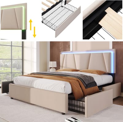 Gestoffeerd tweepersoons opbergbed met LED-verlichting en 4 lades - Voor slaapkamer, tienerkamer en logeerkamer - 140x200 cm - Beige - Verstelbaar hoofdeinde - Inclusief houten lattenbodem - Stabiel tot 272 kg
