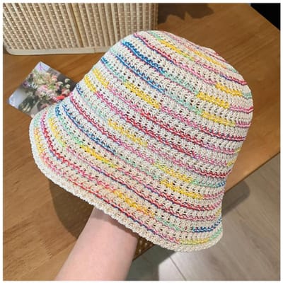 Nouveau Chapeau Seau en Paille Rayé Coloré à Grand Bord pour l'Été, Chapeau de Soleil Pliable Respirant pour Femmes, Chapeaux de Vacances 56-58cm white