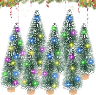 Set van 9 Mini Kerstbomen met Houten Basis en String Lights - Kunstkerstbomen voor Tafelversiering, Miniatuur Kerstdecoratie, Ideaal voor Feestdagen en Kerstmis