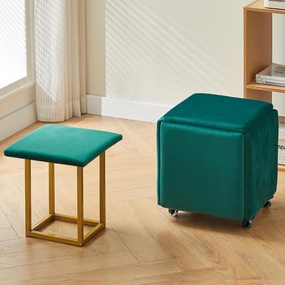 Stapelbare Poef - Zitkubus Kruk - Flexibele Zitplaats - Met Verplaatsbare Wielen - 45 x 45 cm - Groen