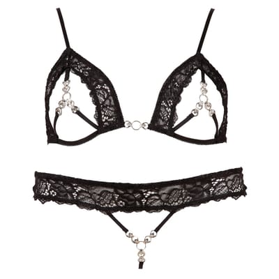 Abierta Fina – Sexy Extravagante Verleidings Lingerie Set met Strass Elementen voor Openheid met Klasse – Maat L – Zwart