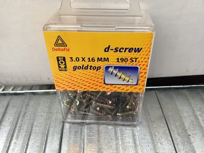 Hardhoutschroef. 3.0 x 16mm. lang. Platkop-Kruiskop-PZD-1. met Smeerfilm. Verzinkt. 190 stuks Spaanplaatschroef. Deltafix. D-Screw-Gold-Top.