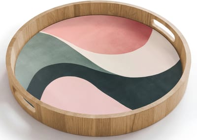 Dienblad rond 40x40 cm - Schootdienblad hout - Abstract - Golven - Sierlijk - Roze - Borrelplank rechthoek - Plateau houten dienbladen