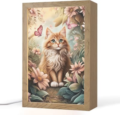 Nachtlampje 20x30 cm - Kinder lampje - Kat - Bloemen - Vlinders - Roze - Tafellamp kinderkamer - Slaapkamer lamp - Bedlamp kinderen - Kinderlampje stopcontact - Wandlamp babykamer - Nachtlampjes