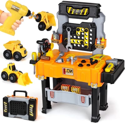 Kindertoolset met realistische elektrische boor, werkbank en gereedschapskist voor constructievoertuigen en creatief bouwen