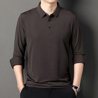 T-shirt met lange mouwen voor heren, lente en herfst, nieuw, trendy, eenvoudig, naadloos gestreept, stretch poloshirt XXXXL black