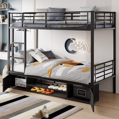 MODFU – Stapelbed met Zijladder – 90x200 cm – Opbergruimte & Schoenenrek – EN747 Getest – Metaal – Zwart
