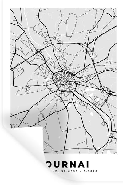 Muurstickers - Sticker Folie - Stadskaart – Plattegrond – België – Zwart Wit – Tournai – Kaart - 20x30 cm - Plakfolie - Muurstickers Kinderkamer - Zelfklevend Behang - Zelfklevend behangpapier - Stickerfolie