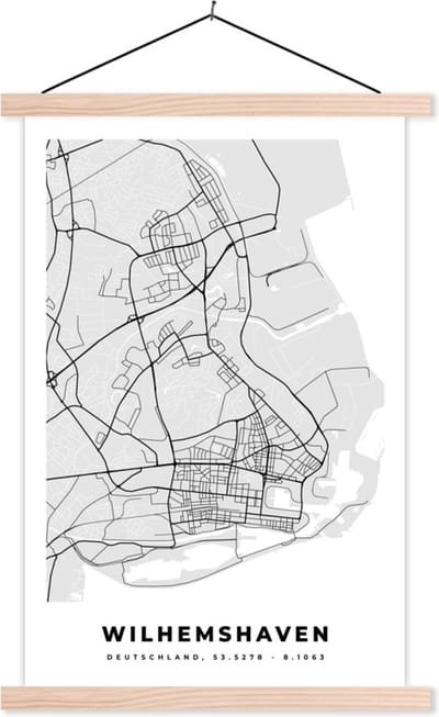 Posterhanger incl. Poster 40x60 cm - Schoolplaat - Stadskaart - Plattegrond - Kaart - Wilhemshaven - Duitsland - Textielposter - Blanke latten - Stadskaart