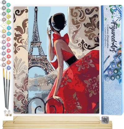 Figured'Art Schilderen op Nummer Volwassenen canvas Mooie vrouw en Eiffeltoren - Handwerk acrylverf Kit DIY Compleet - 40x50cm met DIY houten lijst