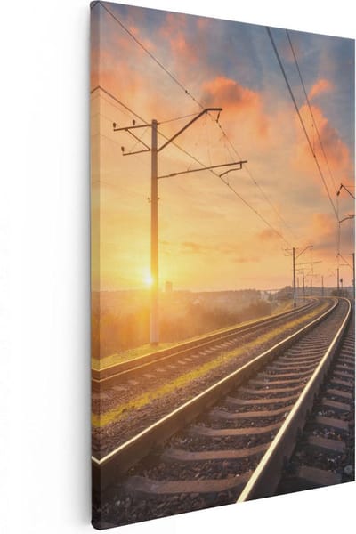 Artaza Canvas Schilderij Zonsondergang Treinspoor - 20x30 cm - Klein - Wanddecoratie Landschap - Muurdecoratie Natuur - Kamer Accessoires Woonkamer